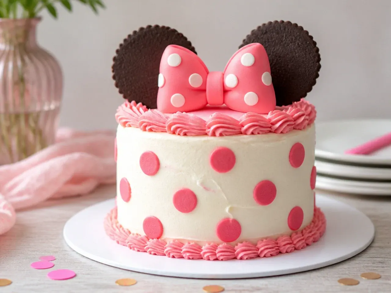 Polka dot smash cake with round chocolate biscuit ear topper