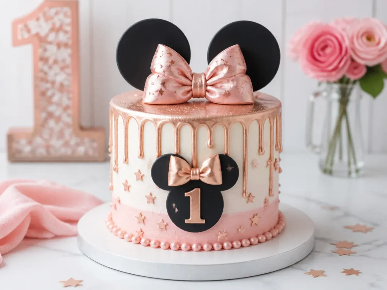 Rose gold drip Minnie Mouse inspired first birthday smash cake