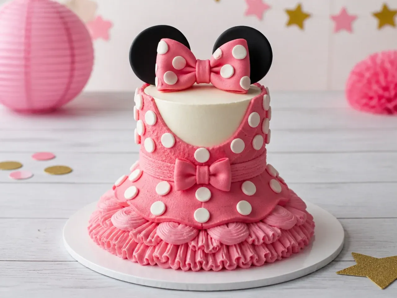 Polka dot ruffle skirt smash cake piped like a party dress