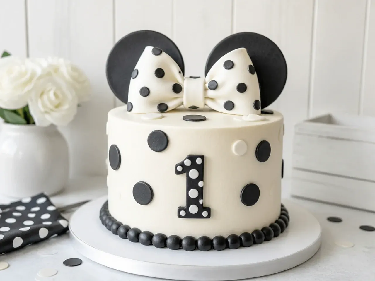 Modern monochrome black and white polka dot smash cake