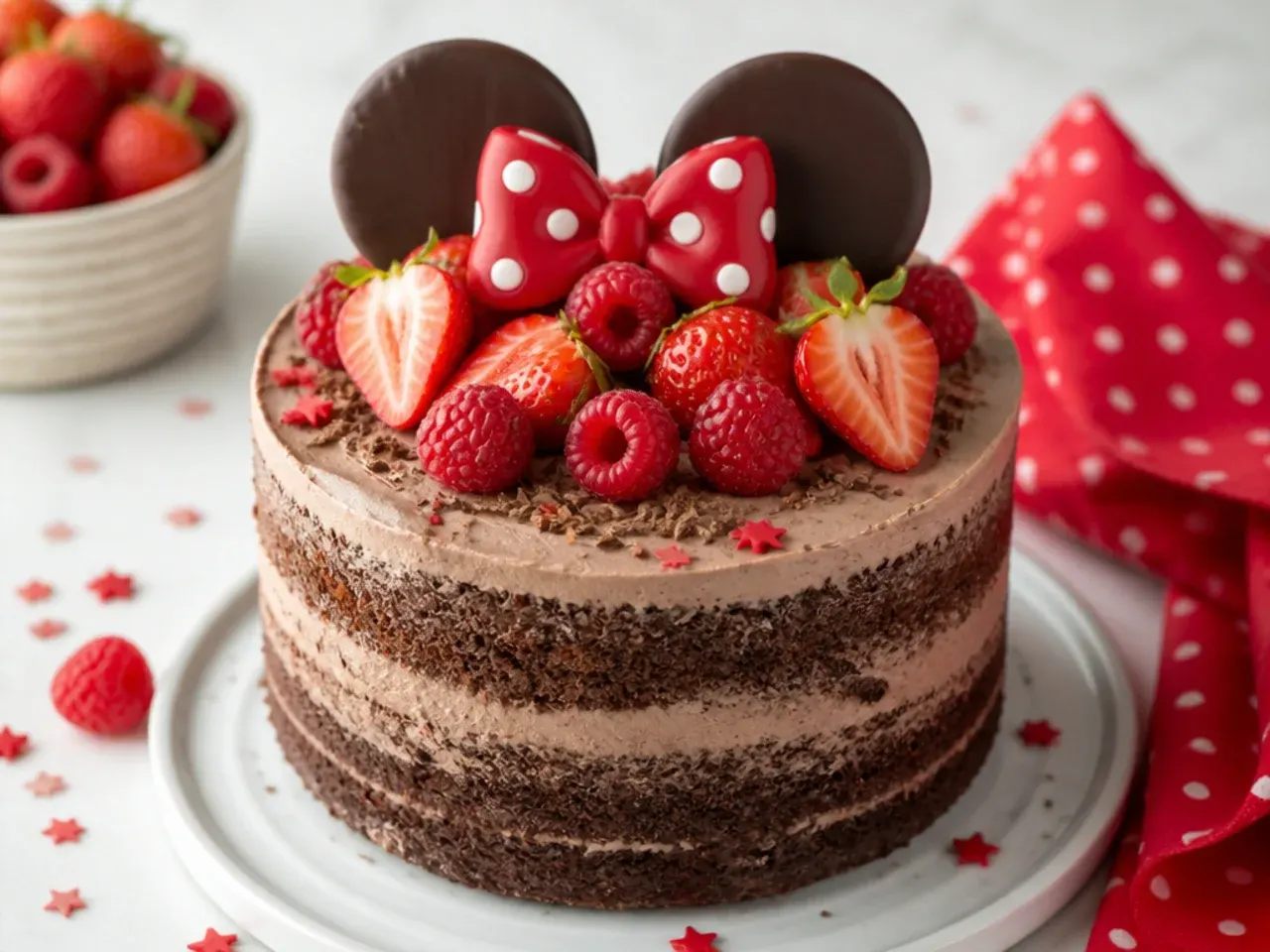 Chocolate semi-naked smash cake topped with fresh strawberries and raspberries