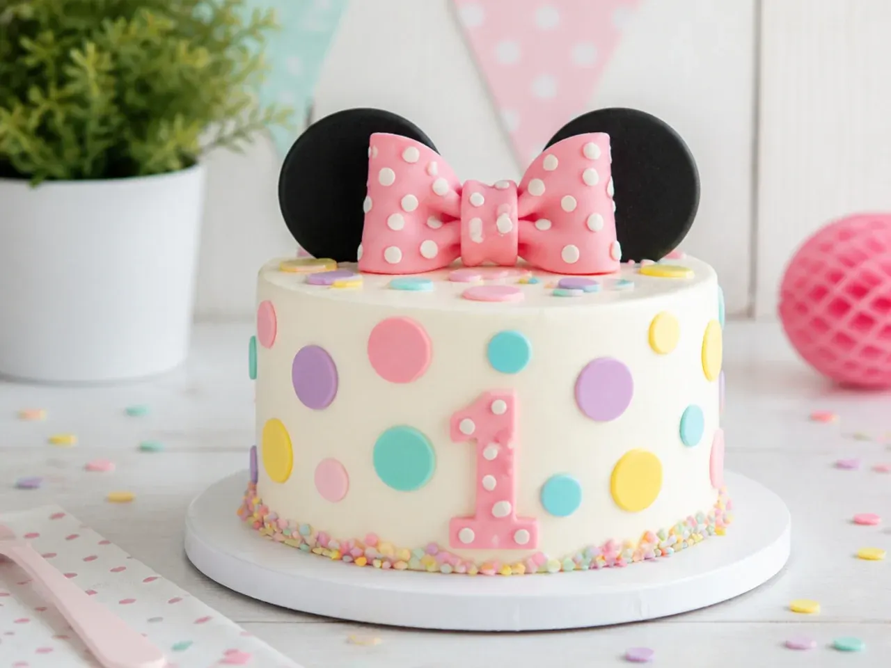 Pastel rainbow polka dot smash cake for a first birthday party