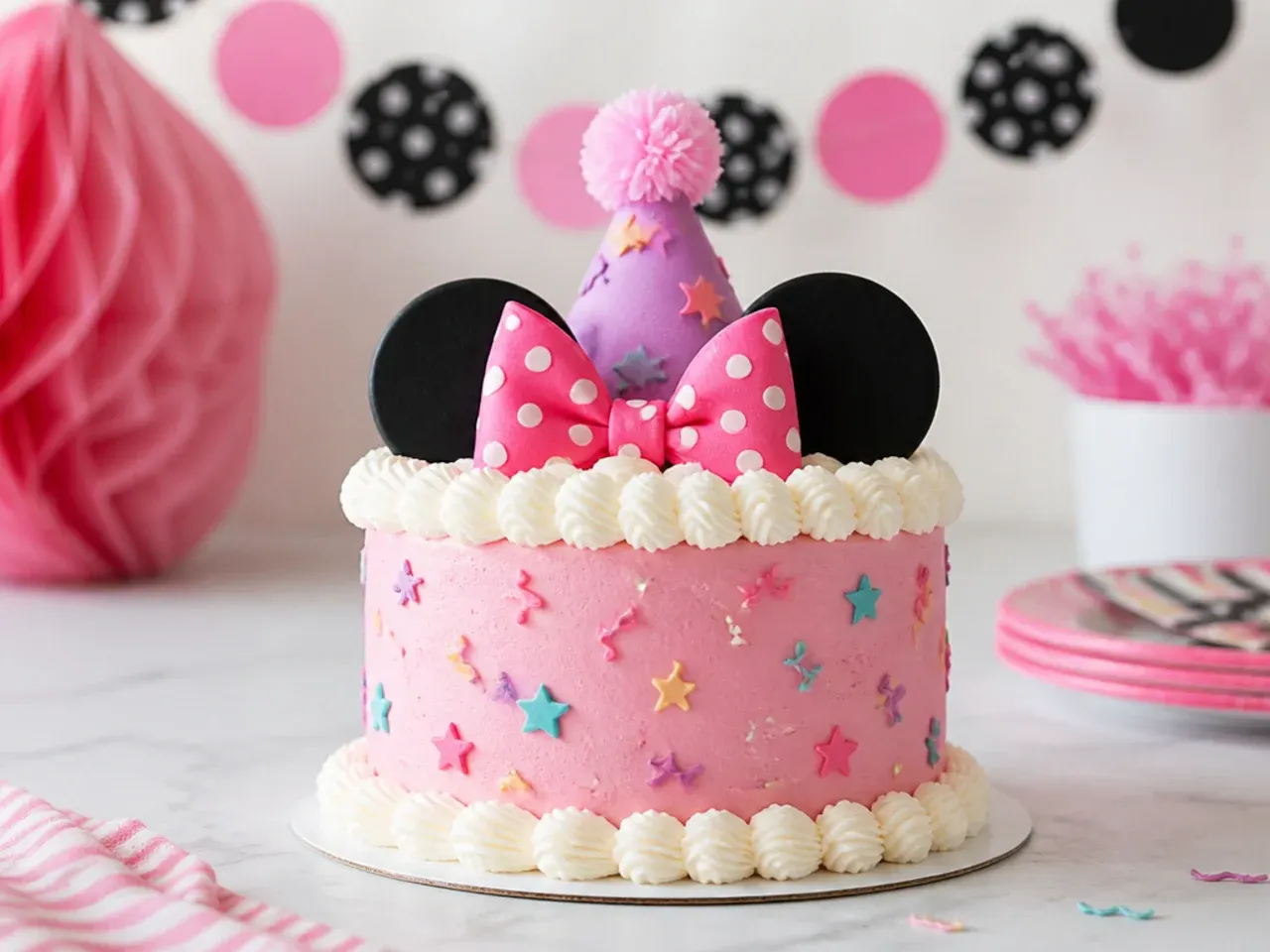 Party hat smash cake with streamer sprinkles and shell border