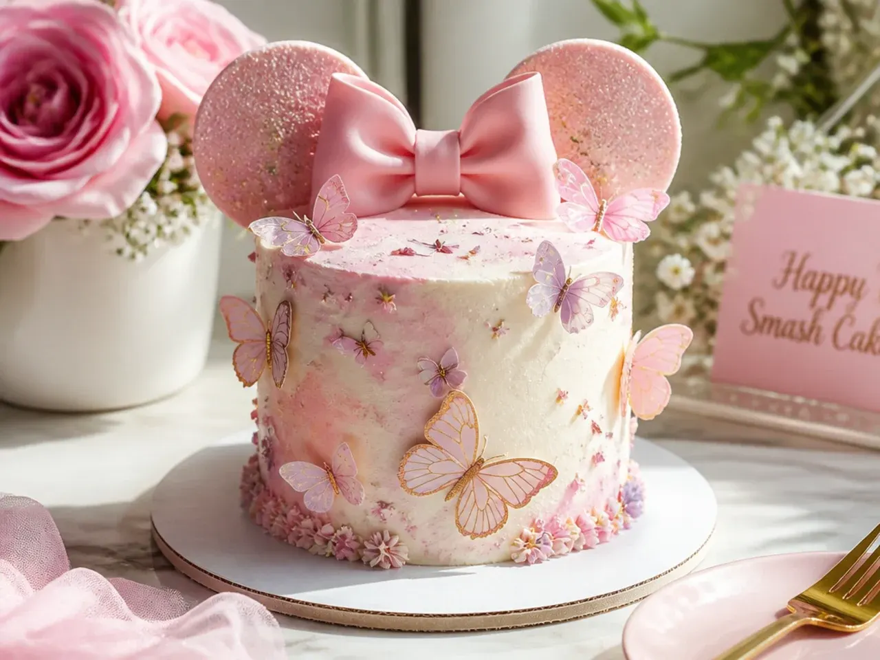 Butterfly garden smash cake with wafer paper butterflies and pink bow