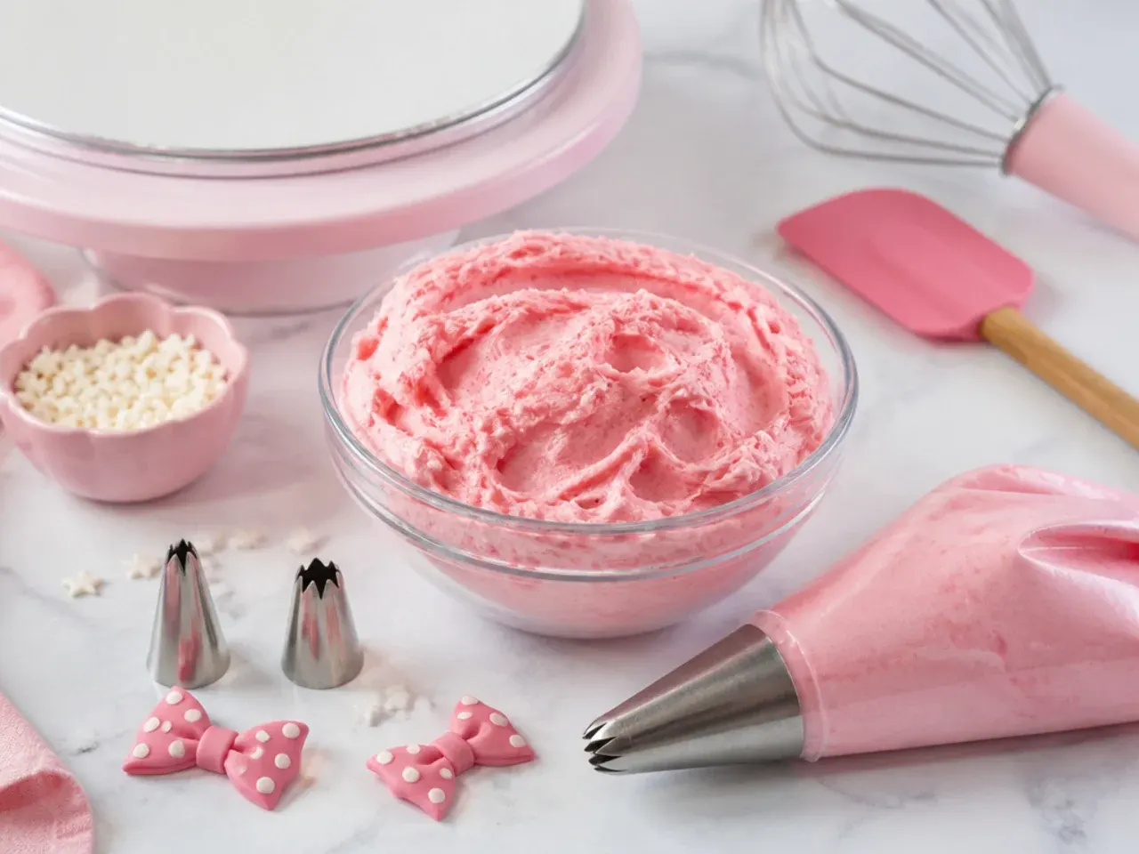 Baking tools and pink buttercream for making a Minnie Mouse smash cake easier