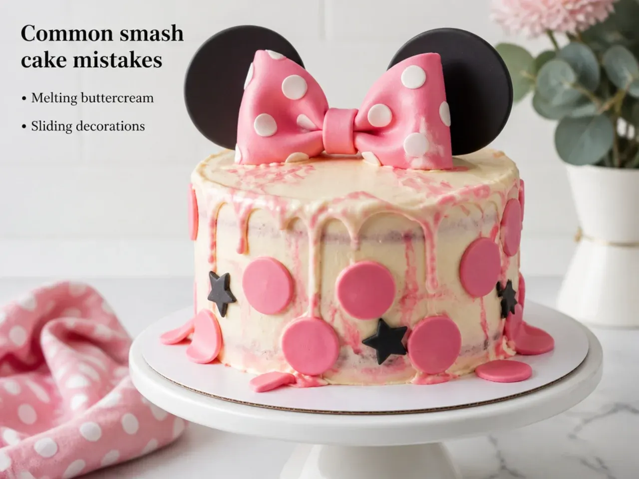 Common smash cake mistakes shown with melting buttercream and sliding polka dots