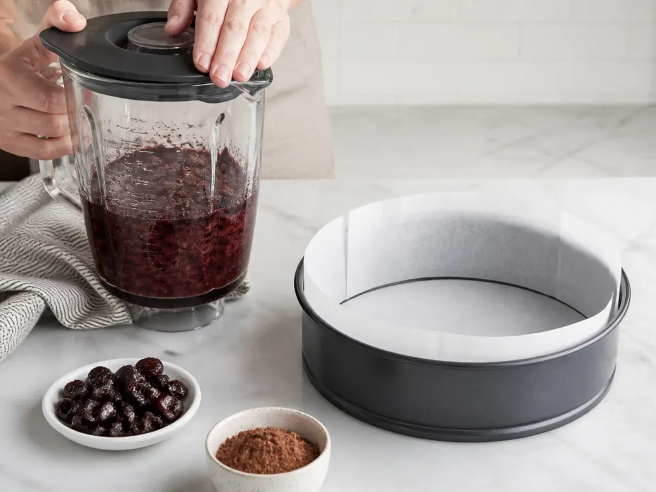 moist black cake — step 2: blend the fruit and prep the pan