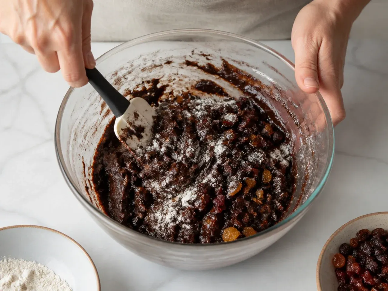 moist black cake — step 5: fold in fruit and dry ingredients