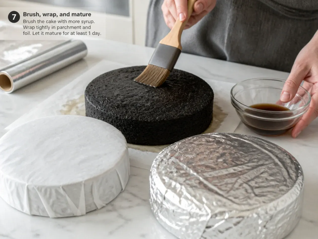 moist black cake — step 7: brush, wrap, and mature