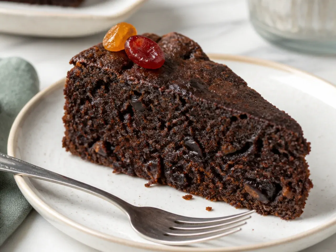 Slice of classic moist black cake showing dark rum-soaked fruit crumb