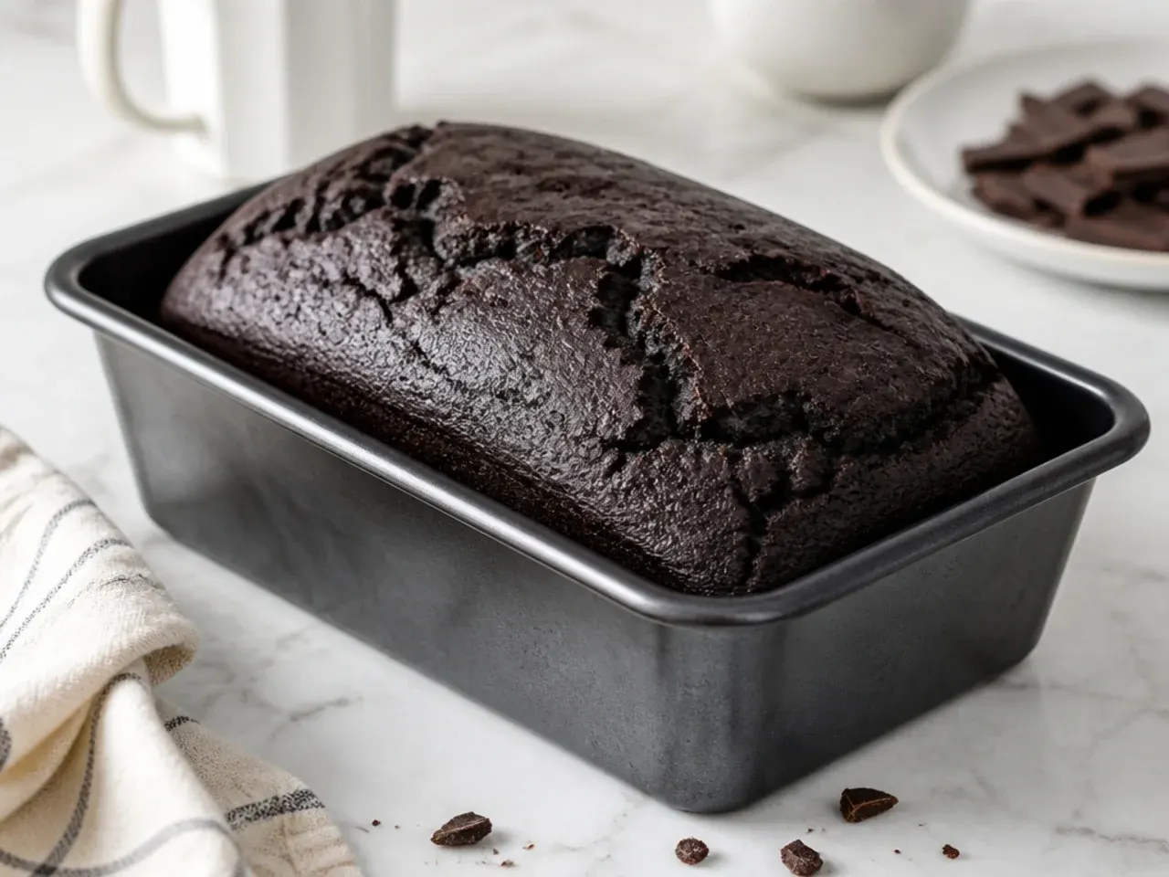 Easy moist black cake in a single loaf pan on a kitchen counter