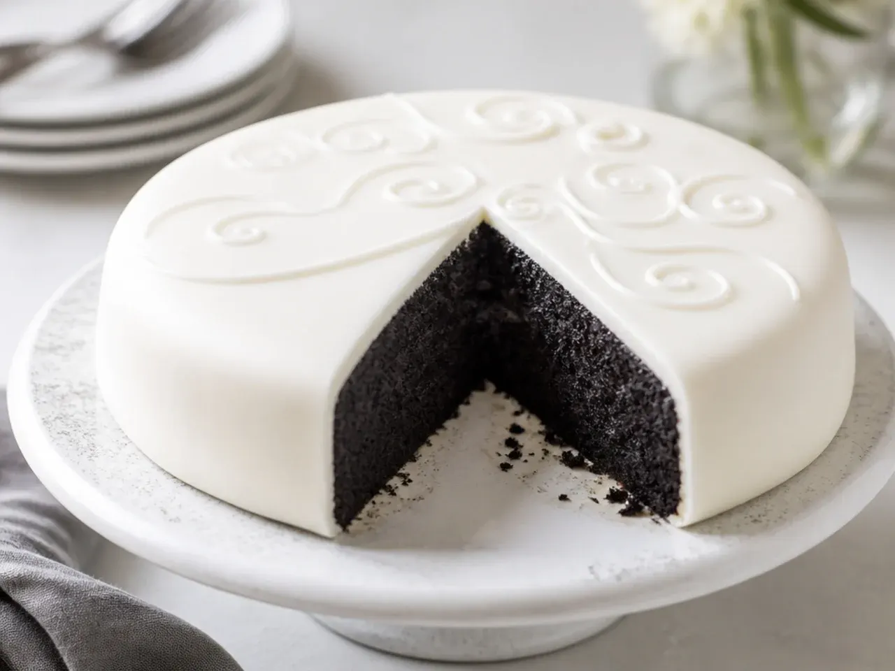 Elegant moist black cake covered in white royal icing over marzipan