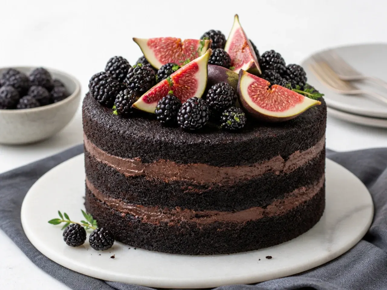 Modern naked moist black cake topped with fresh blackberries and figs
