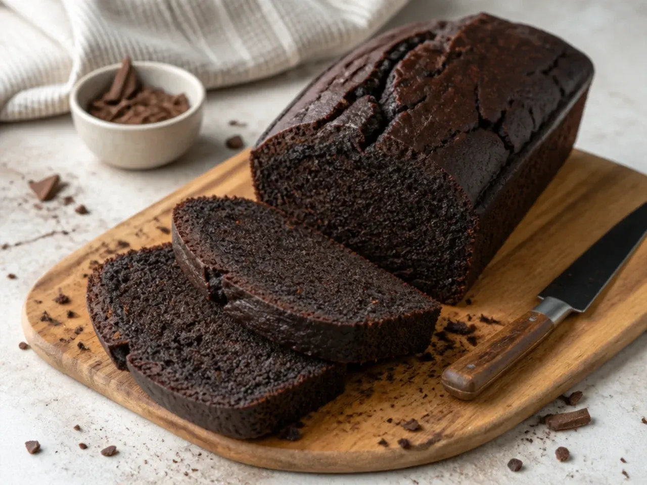 Rustic moist black cake loaf sliced on a wooden board