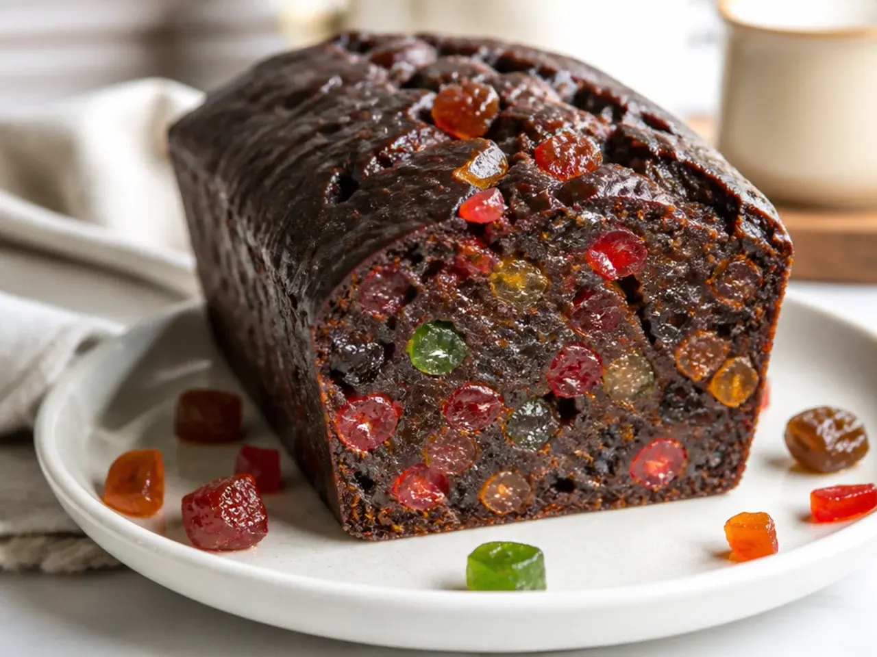 Colorful moist black cake studded with candied fruit and peel