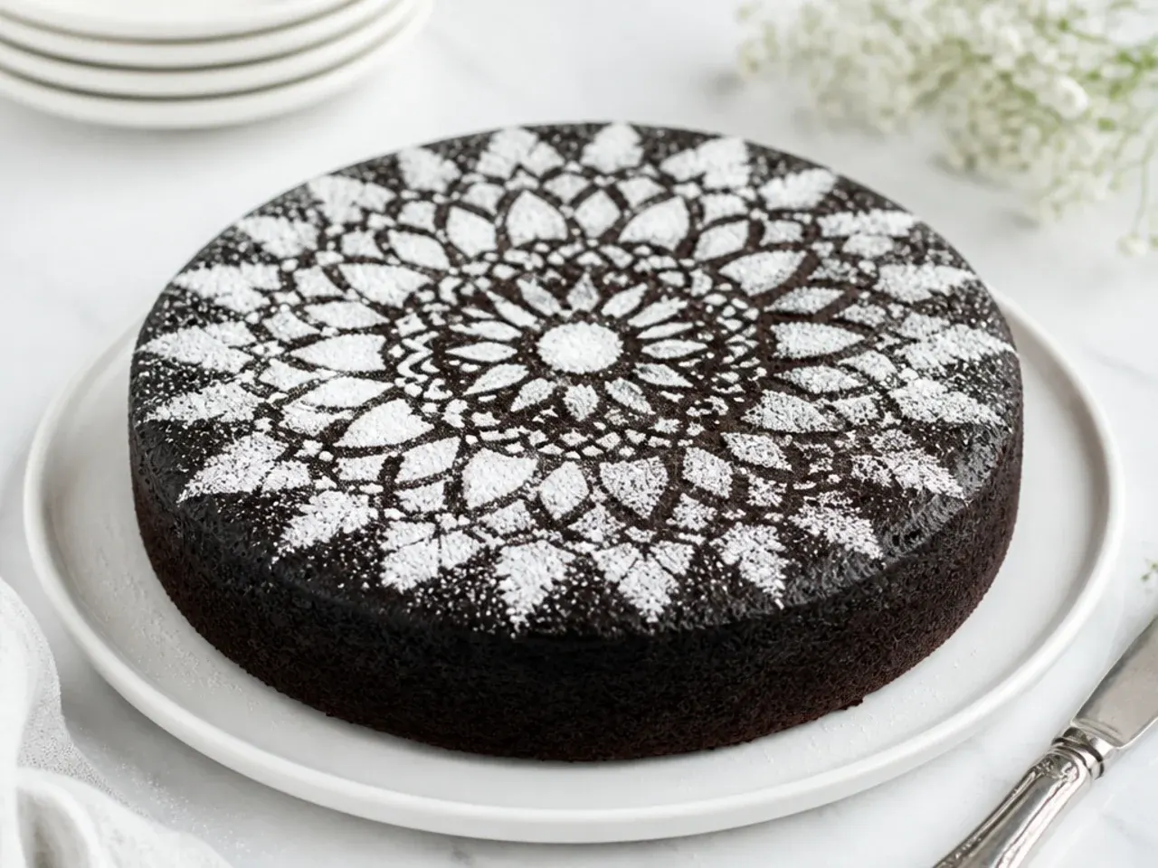 Minimal moist black cake dusted with icing sugar through a stencil
