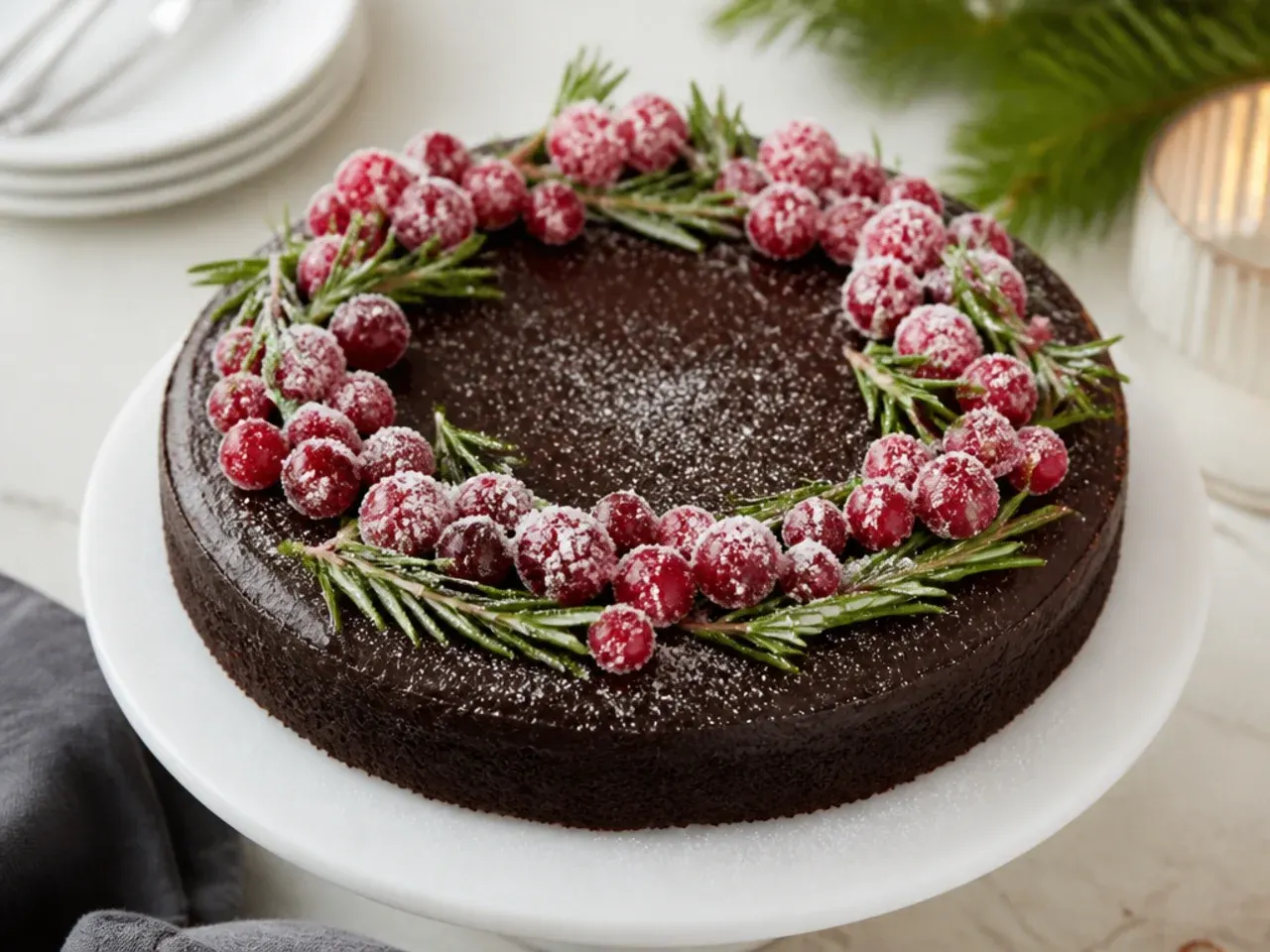 Festive moist black cake decorated with sugared cranberries and rosemary