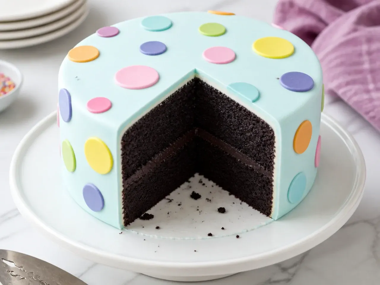 Whimsical moist black cake with pastel fondant and colorful polka dots