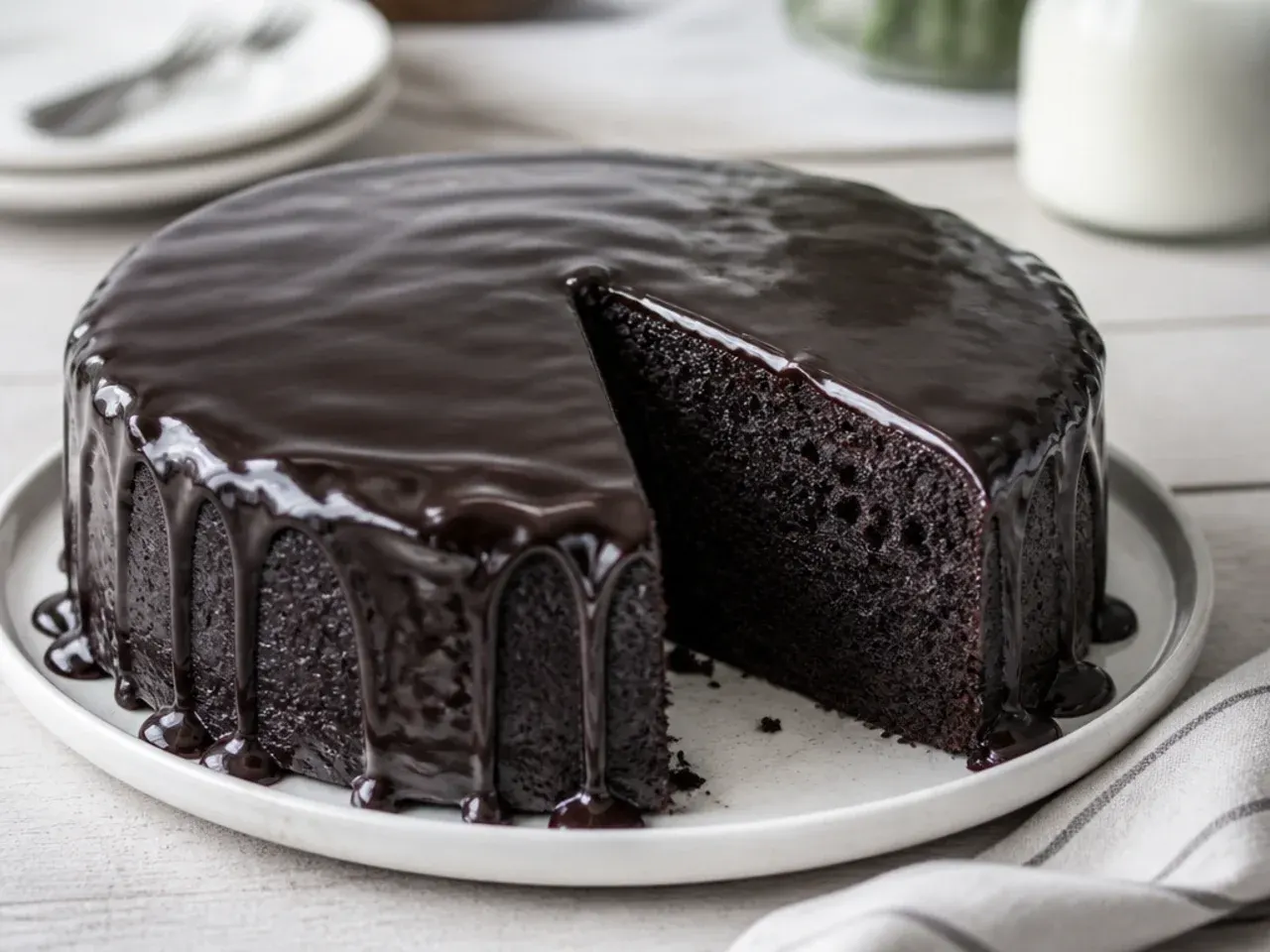 Bold moist black cake with dark chocolate ganache glaze
