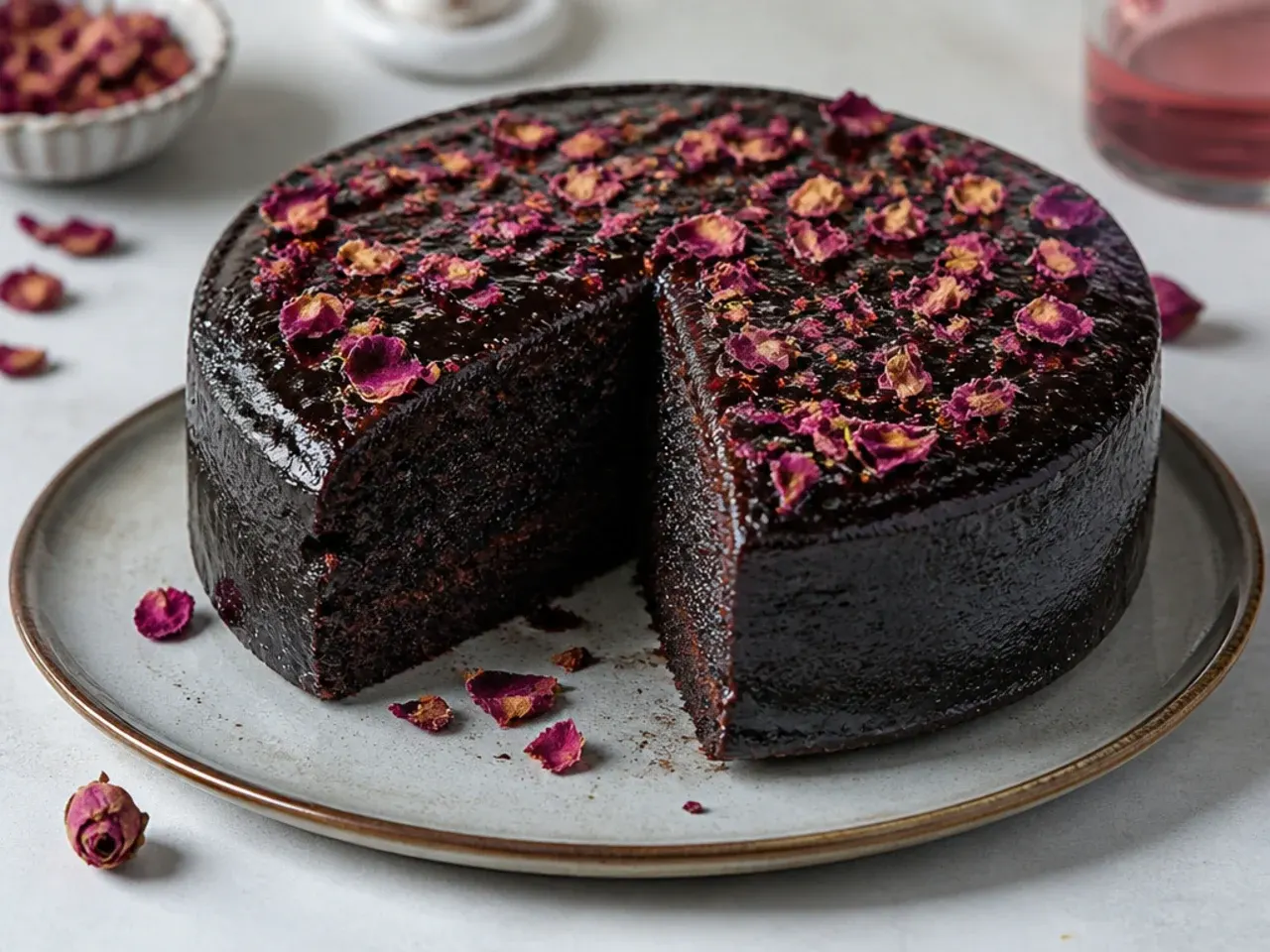 Delicate moist black cake brushed with rose syrup and dried petals