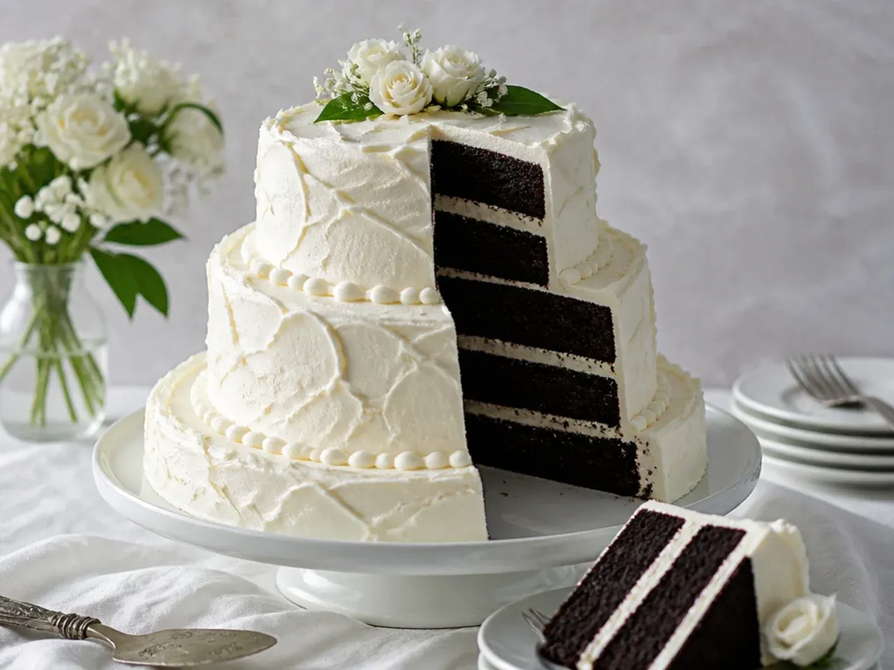 Vintage tiered moist black cake iced in white for a wedding
