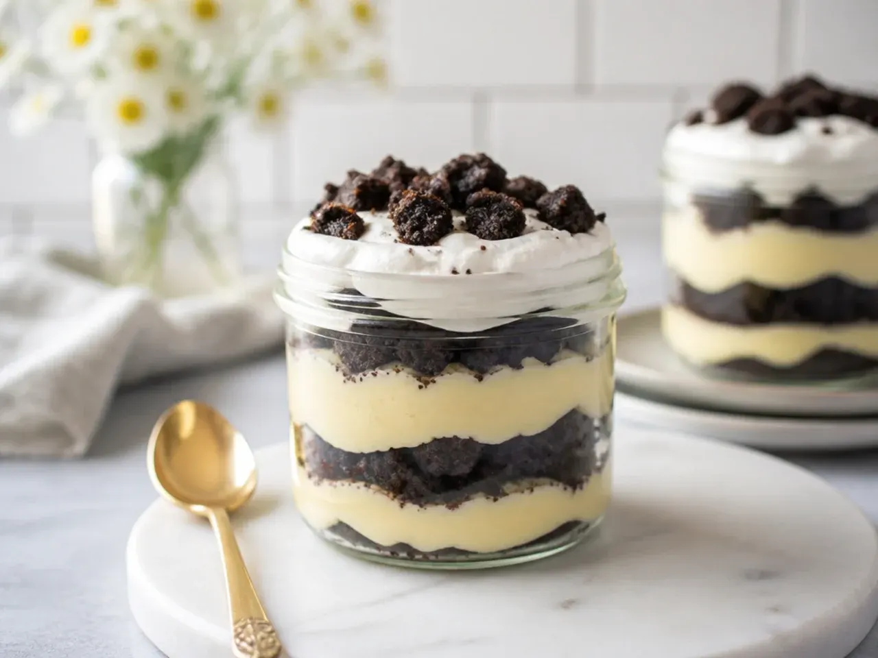 Creative moist black cake trifle jars layered with custard and cream