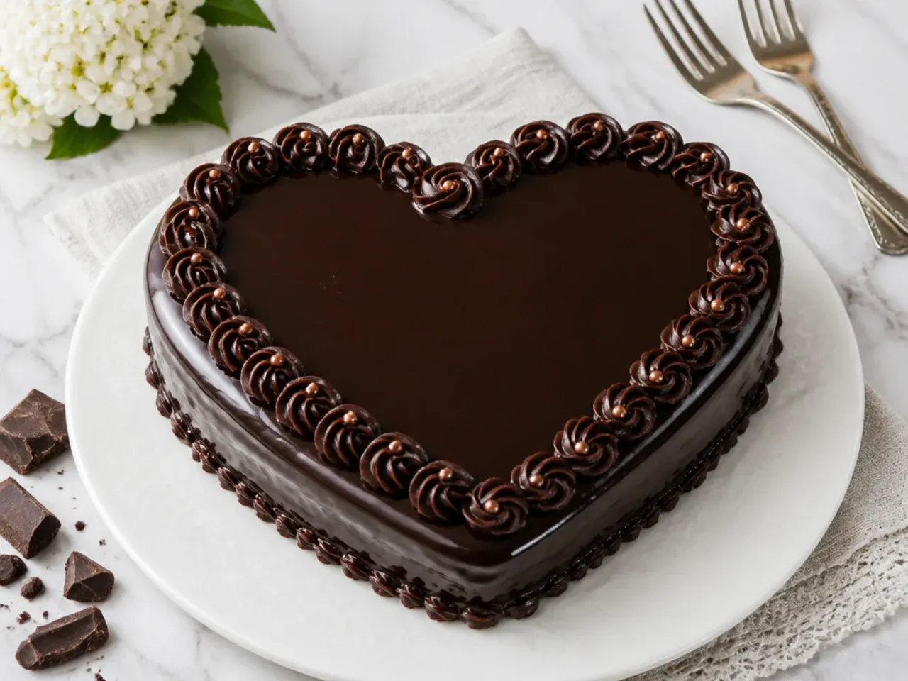 Charming heart-shaped moist black cake glazed for two