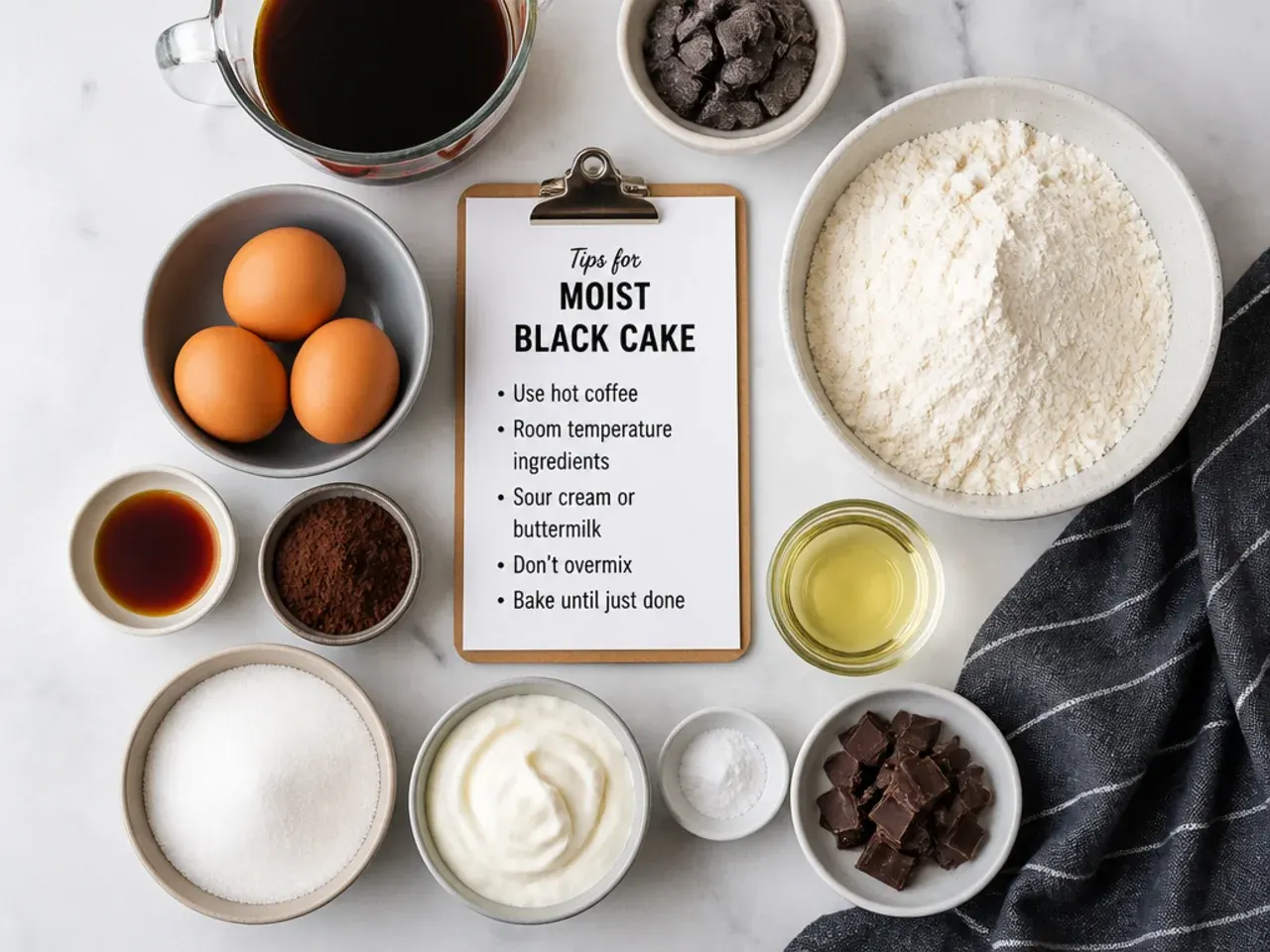 Overhead flat lay of ingredients and tips for making moist black cake
