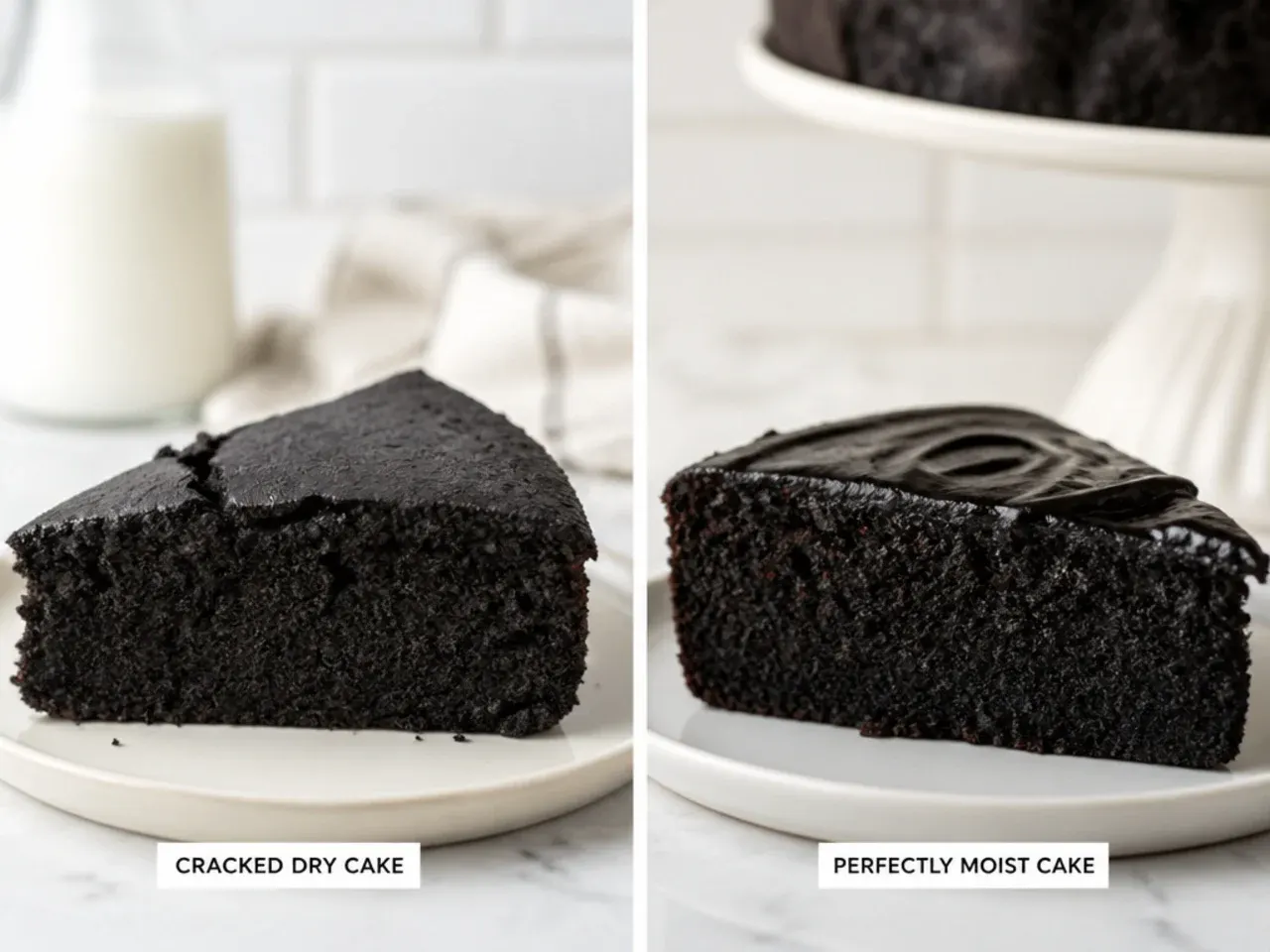Comparison of a cracked dry black cake next to a perfectly moist black cake