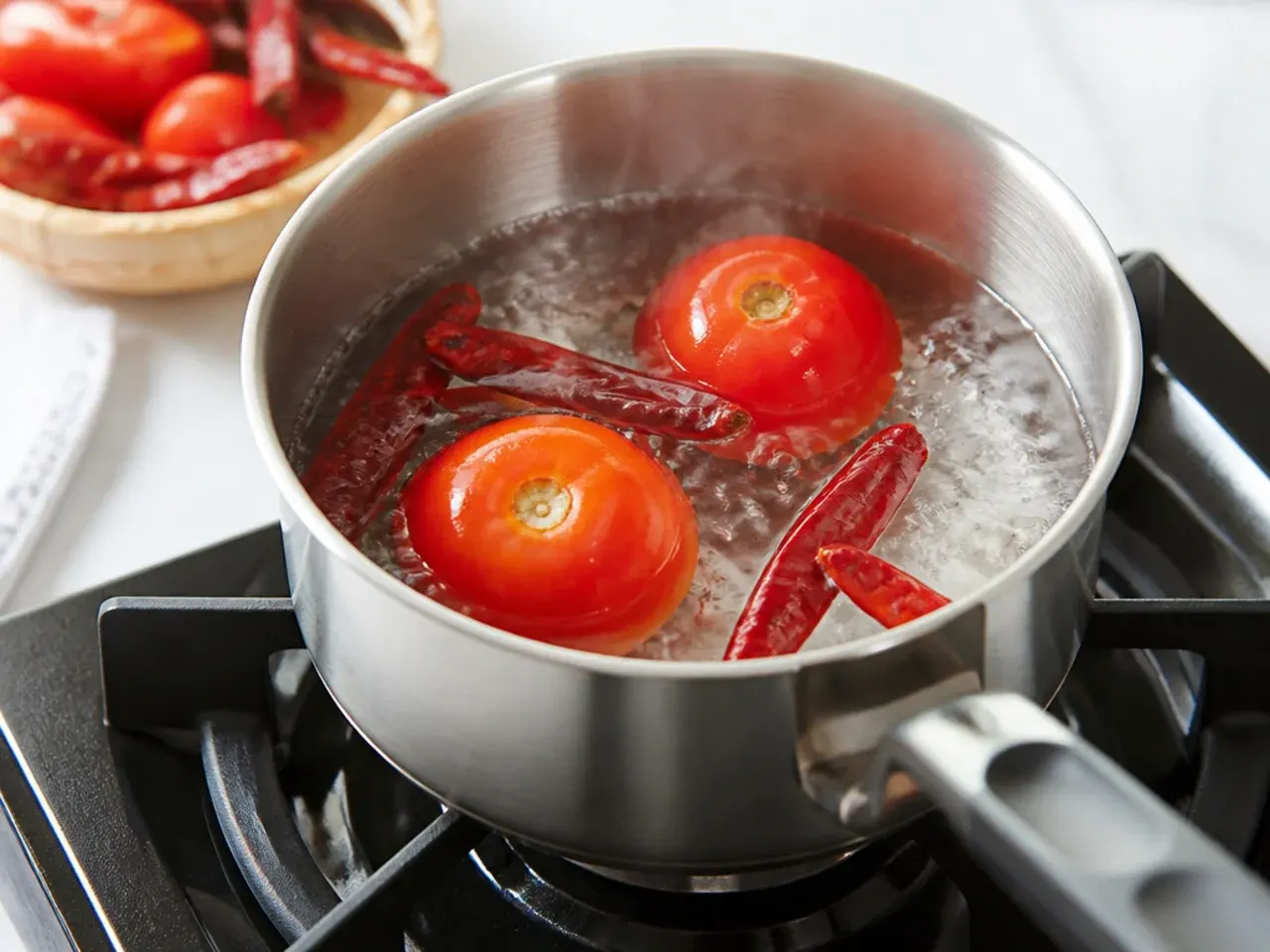 momos chutney recipe — step 1: boil the tomatoes and chillies