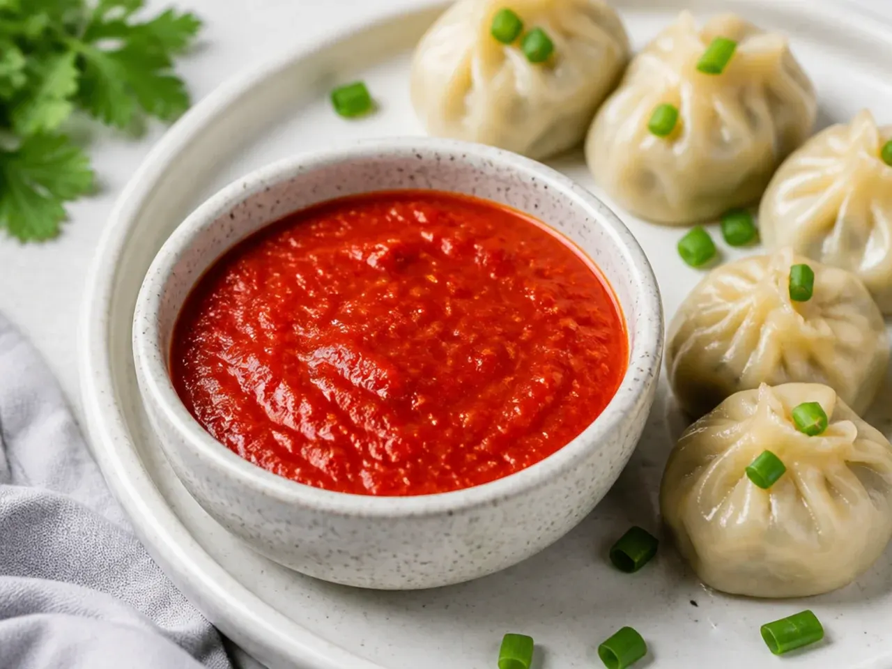 Bowl of bright red momos chutney recipe served beside steamed dumplings