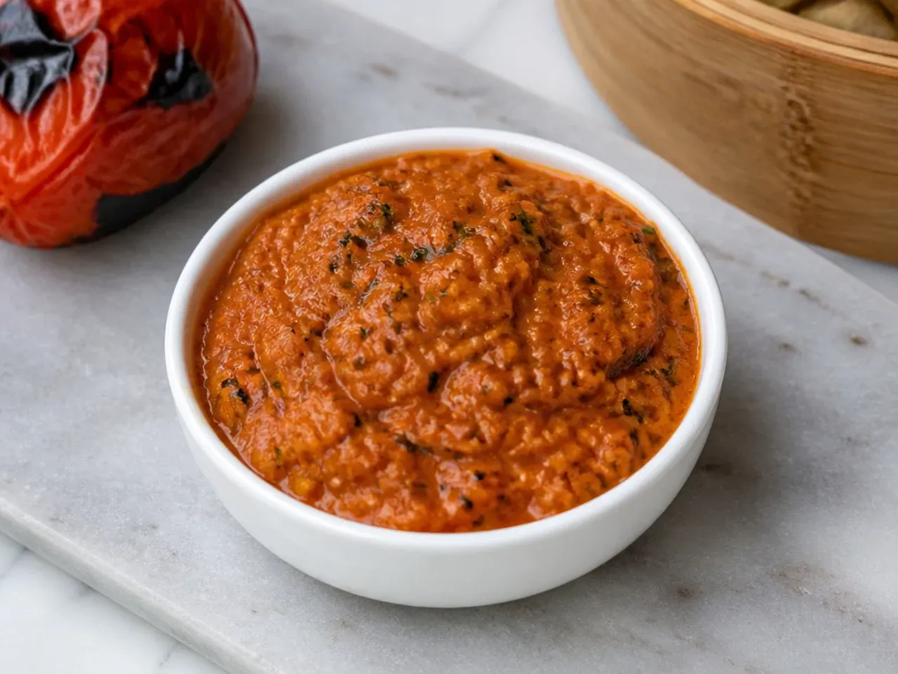Smoky charred-tomato momos chutney recipe with flecks of char