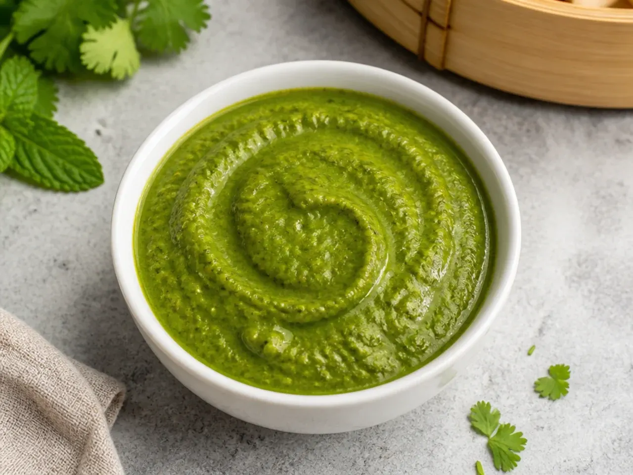 Bright green coriander-mint momos chutney recipe in a bowl