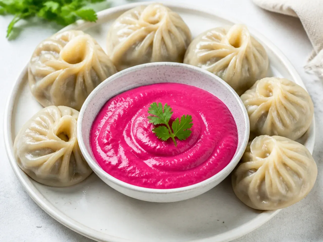 Vibrant pink beetroot momos chutney recipe on a plate