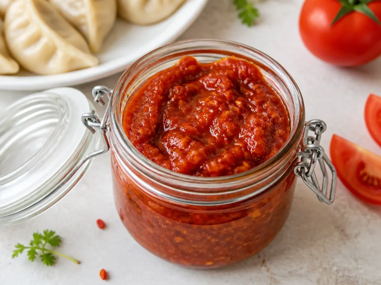 Slow-simmered jammy tomato momos chutney recipe in a jar