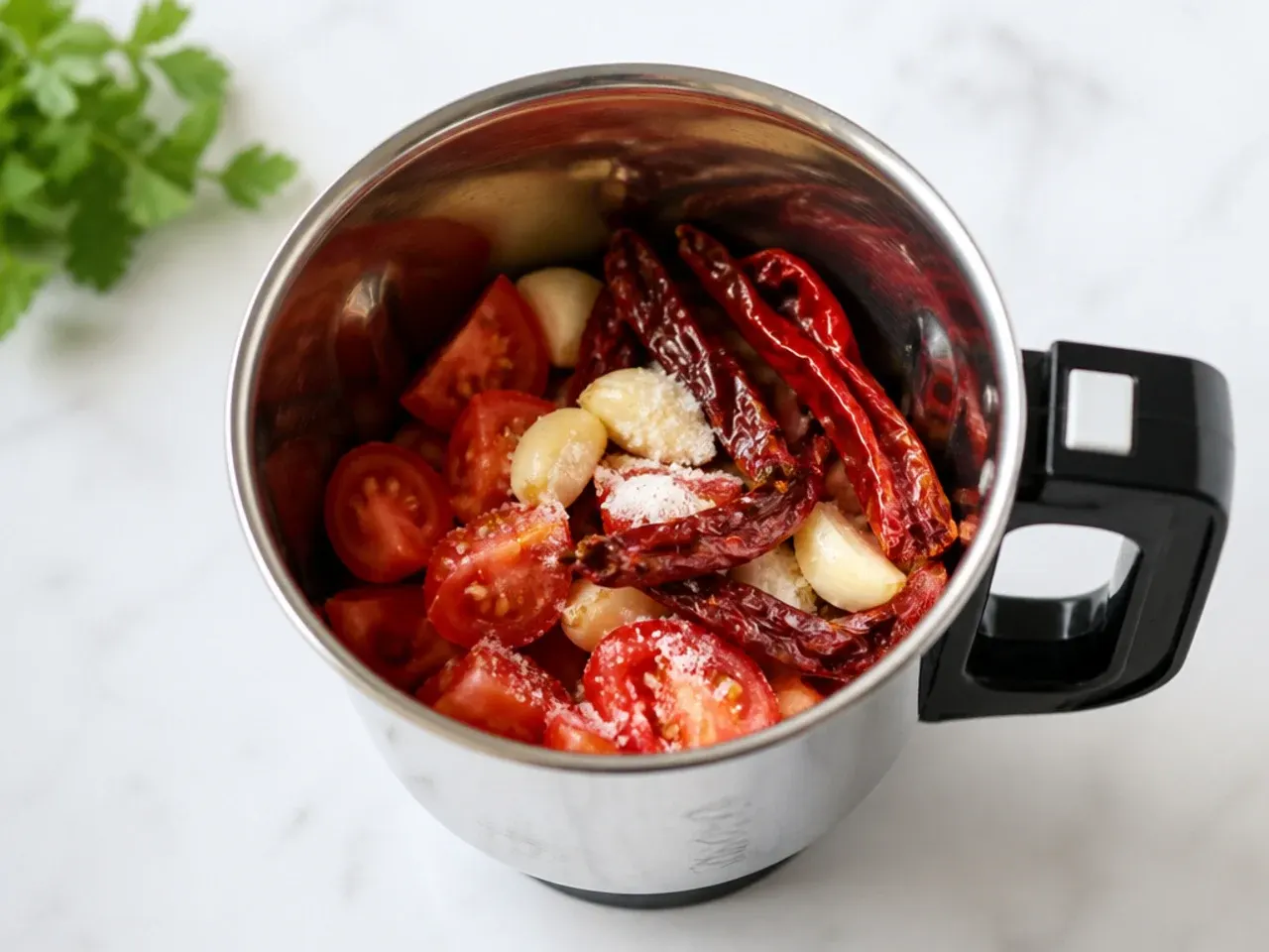 Blending ingredients for an easy momos chutney recipe in a mixer jar