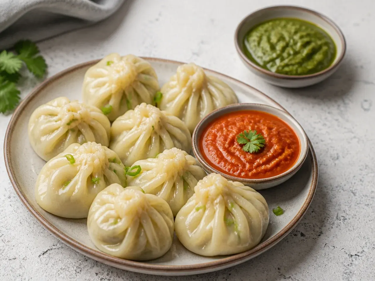 Momos chutney recipe served in small bowls alongside a platter of steamed momos