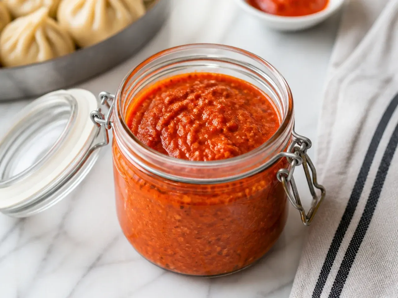 Homemade momos chutney recipe stored in an airtight glass jar in the fridge