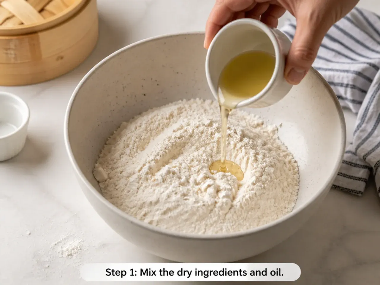 momos dough recipe — step 1: mix the dry ingredients and oil