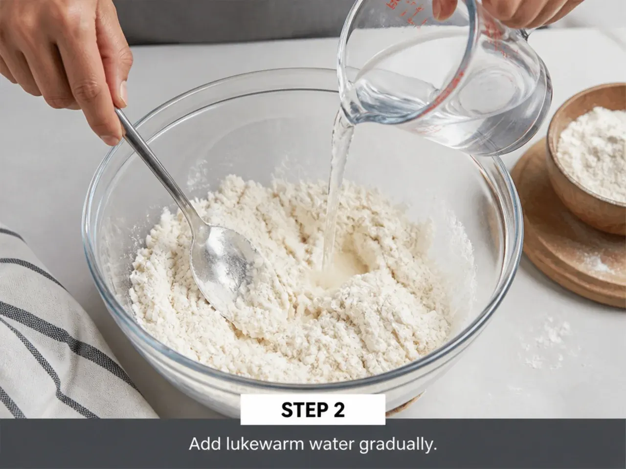 momos dough recipe — step 2: add lukewarm water gradually