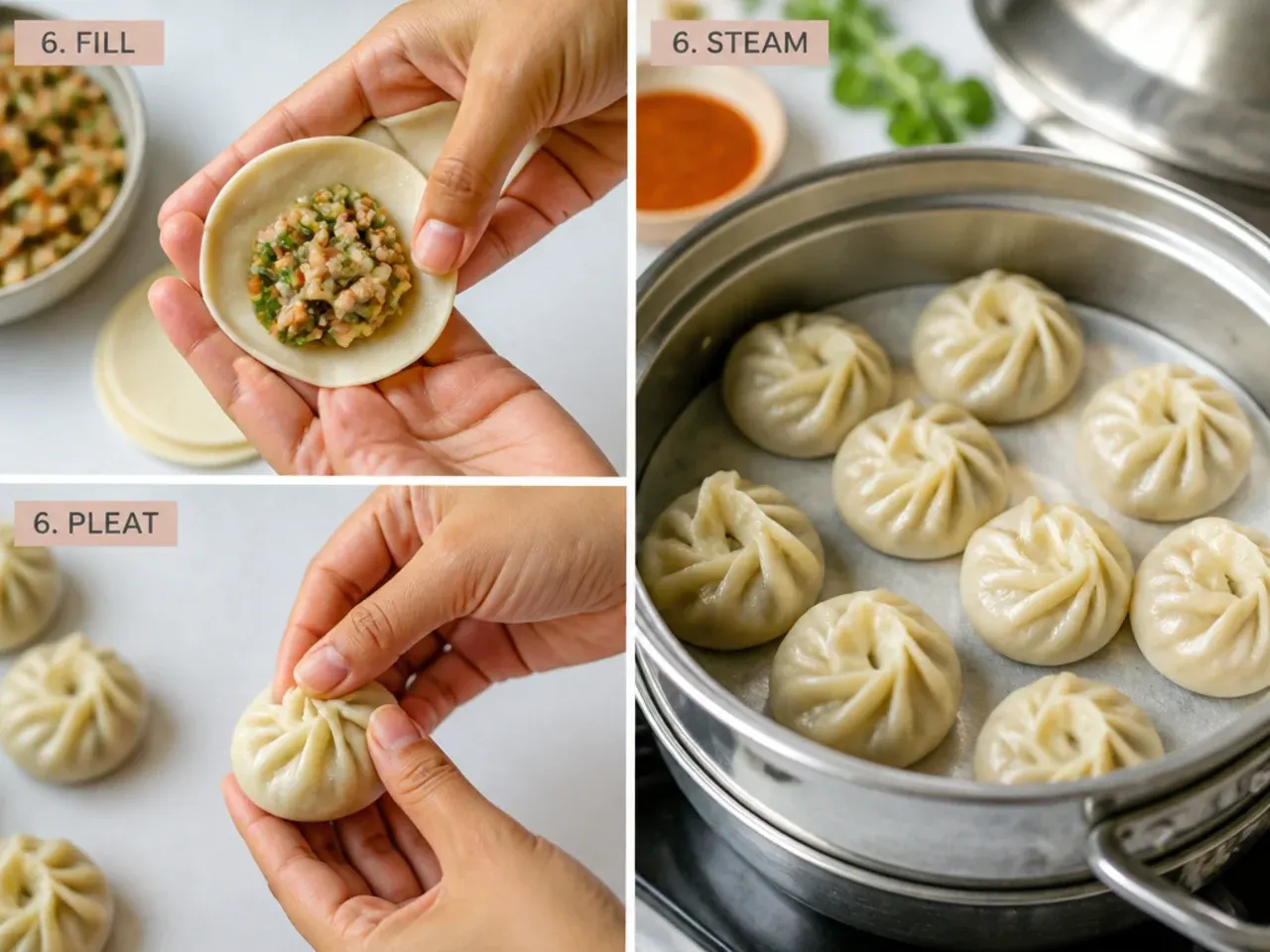 momos dough recipe — step 6: fill, pleat and steam