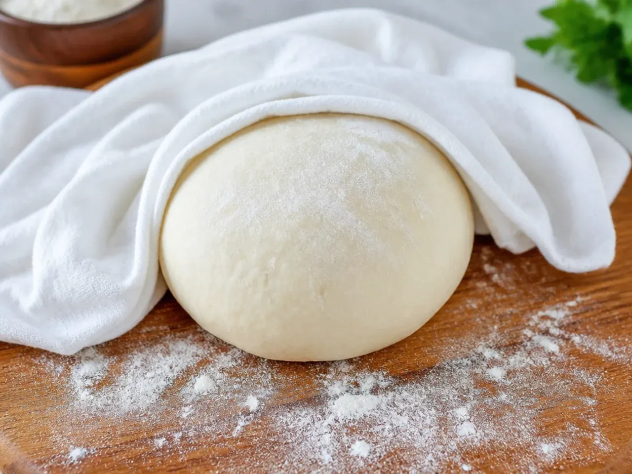 Ball of smooth homemade momos dough resting under a damp cloth on a floured board