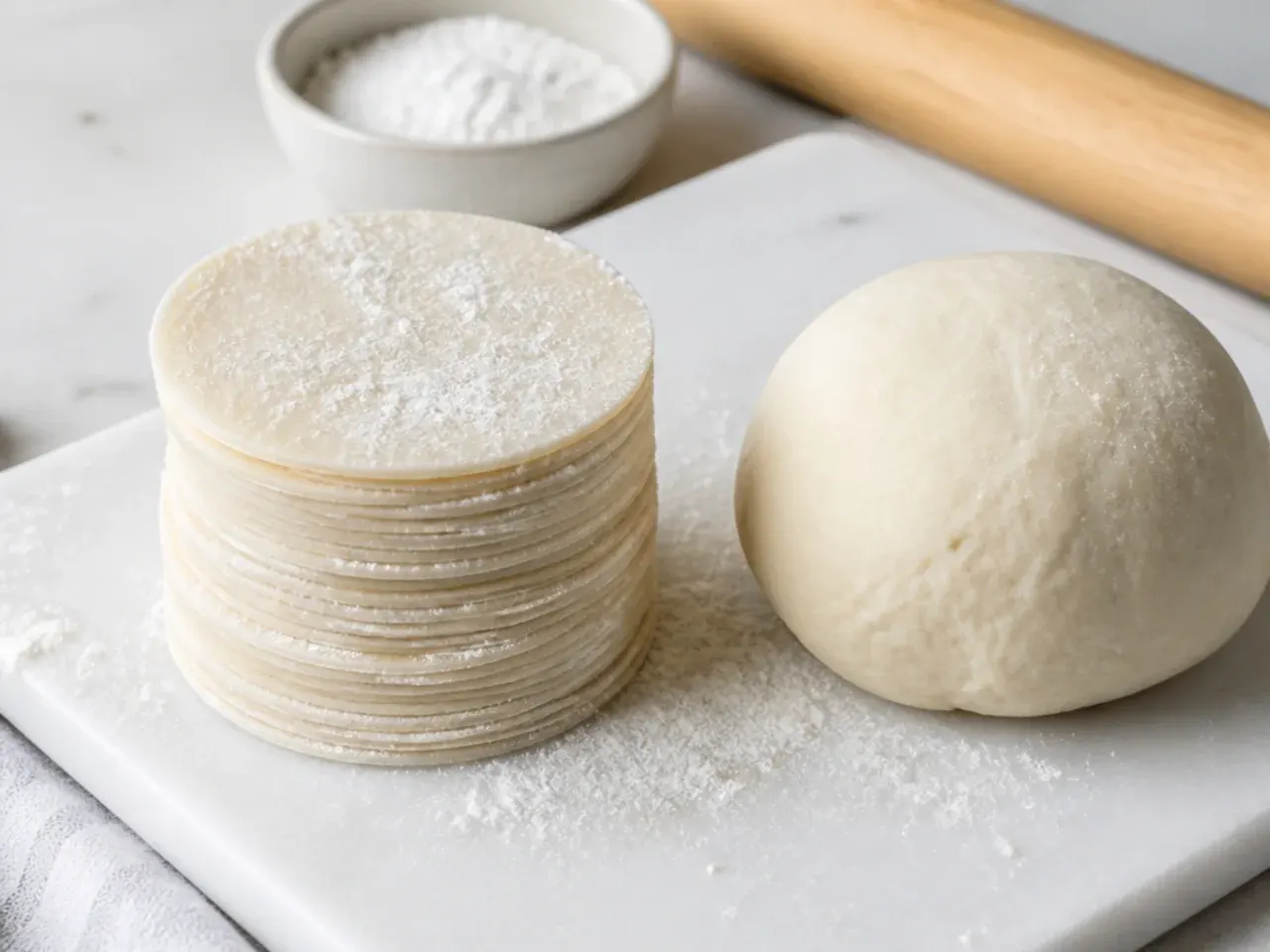 Stack of frozen momo wrappers dusted with cornflour beside a ball of make-ahead momos dough