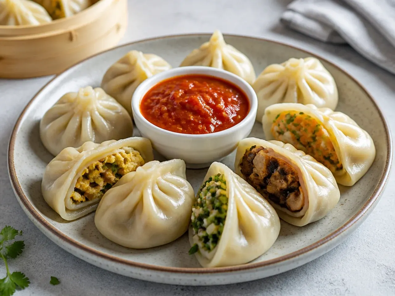 Platter of steamed momos with different filling ideas and dipping sauce