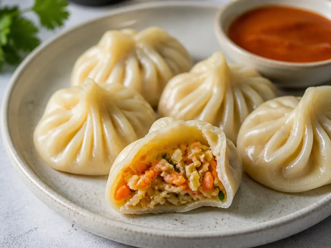 Classic Tibetan vegetable momos filling with cabbage and carrot