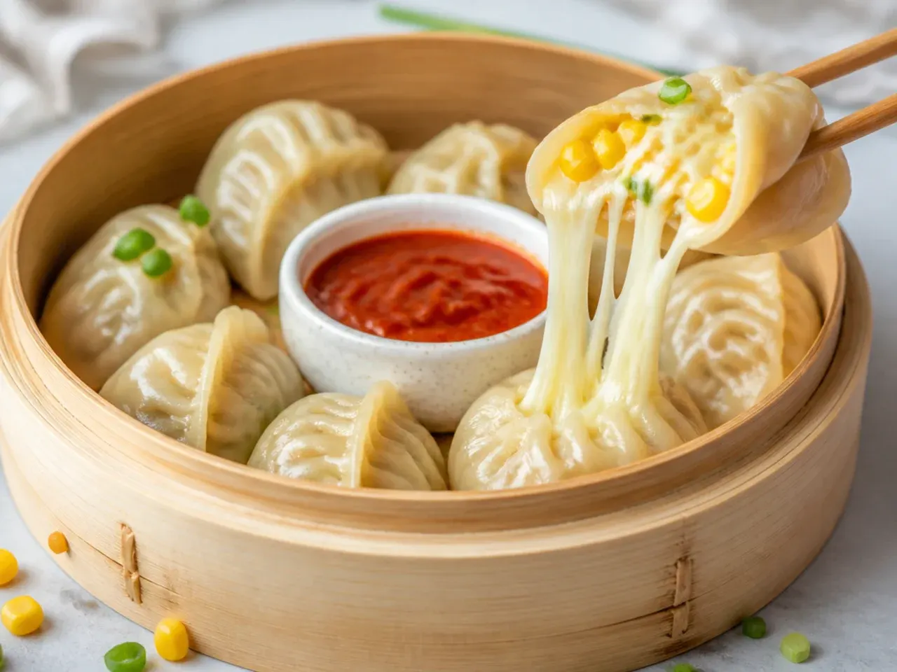 Playful cheese corn momos filling idea with melting mozzarella