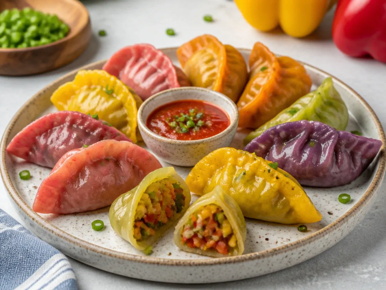 Colorful rainbow vegetable momos filling idea with bell peppers
