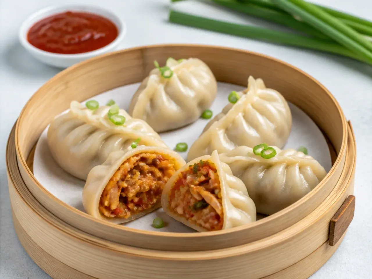 Bold Schezwan chicken momos filling idea with red chili sauce