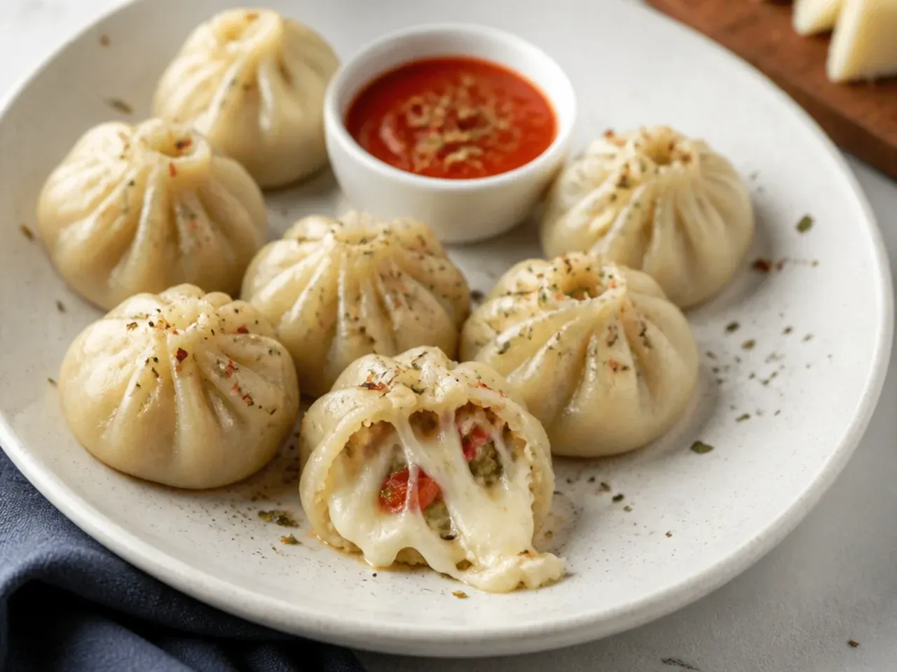 Playful pizza momos filling idea with mozzarella and oregano