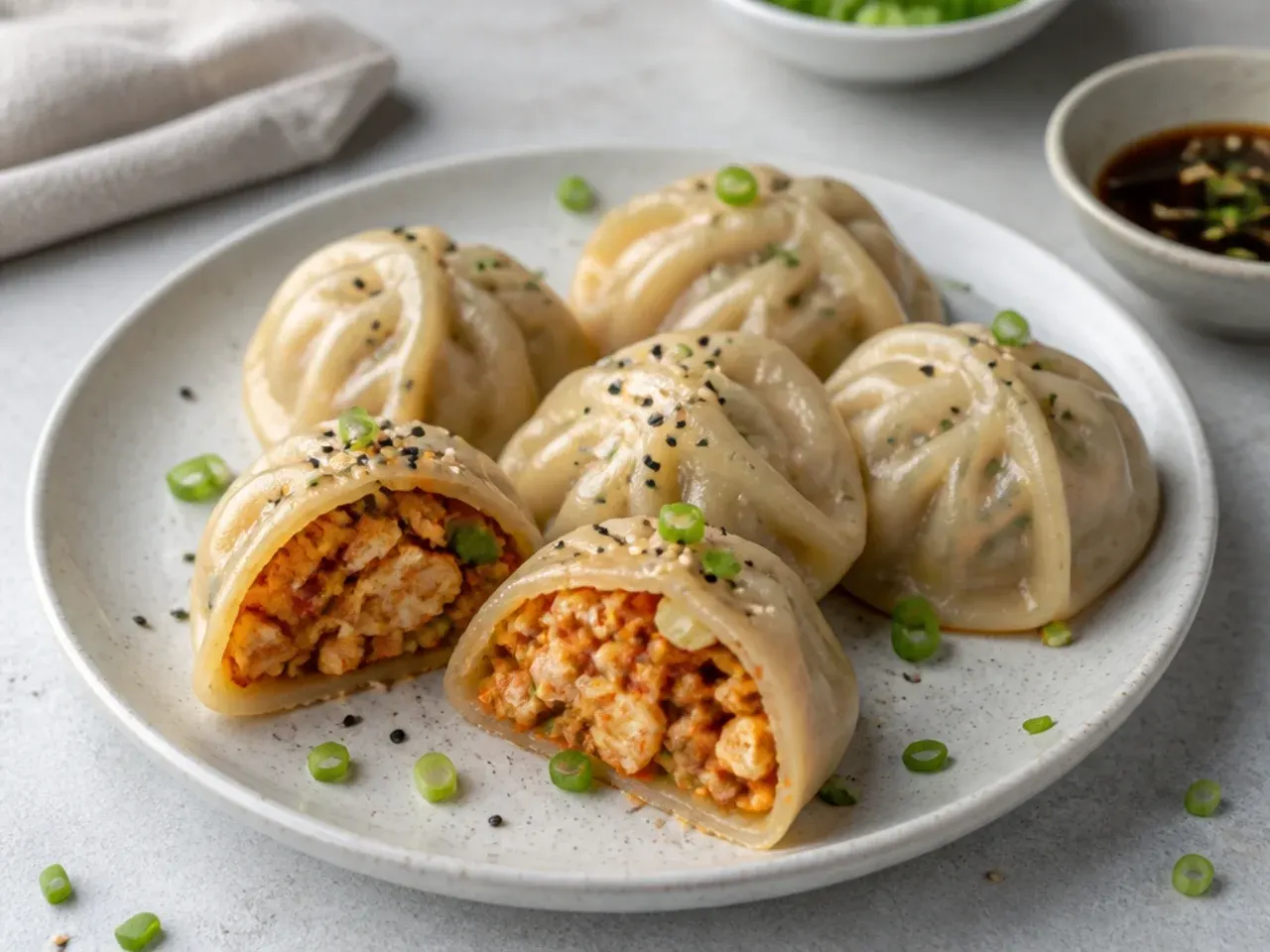 Modern kimchi and tofu momos filling idea Korean inspired